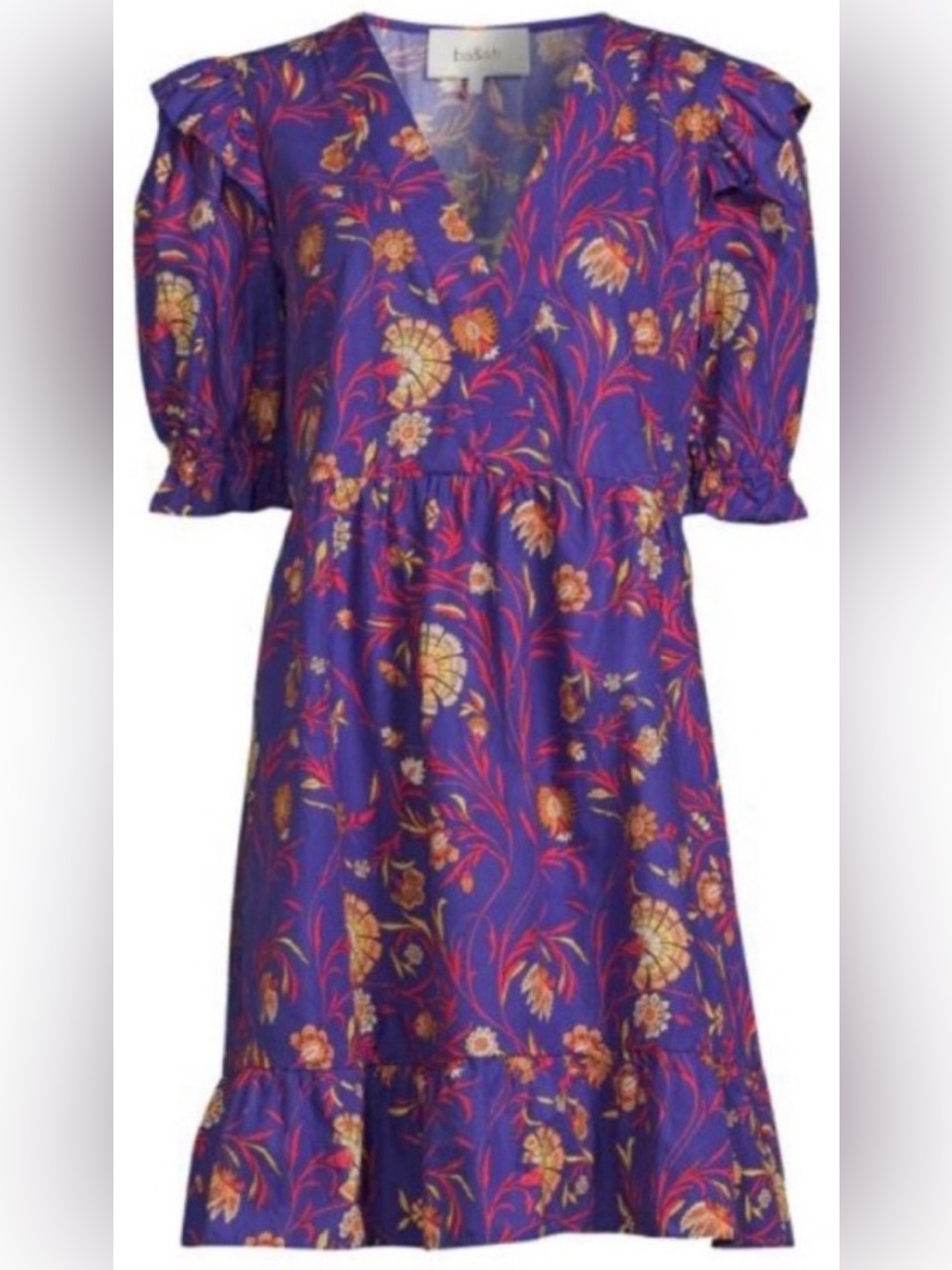 BA & SH Popy Cotton Ruffled Puff Sleeve Mini Dress Purple Floral Print Sz 1 US 4